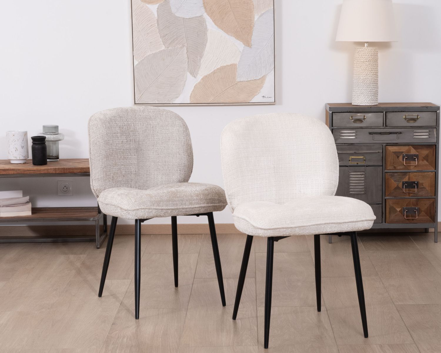 Lot de 2 chaises de repas confort style scandinave "Kinsac" en tissu bouclette blanc