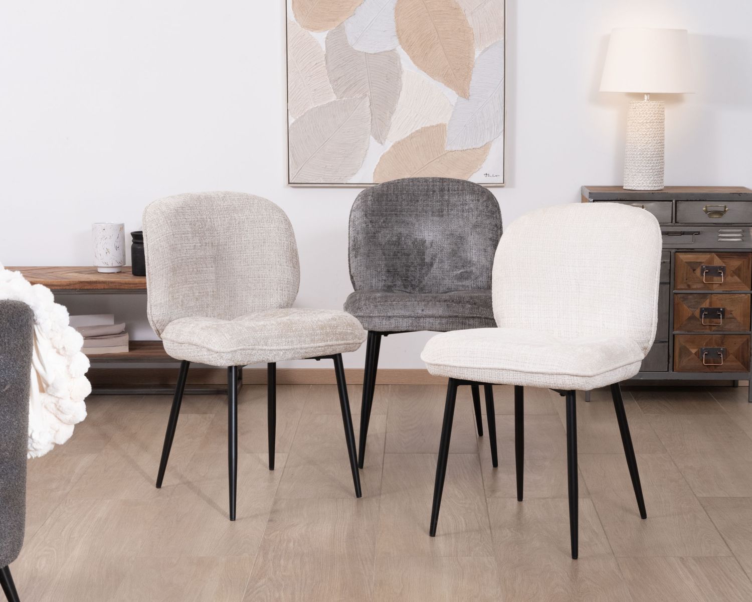 Lot de 2 chaises de repas design arrondi en tissu bouclette gris beige "Kinsac"