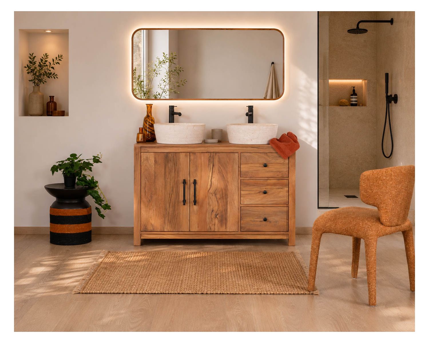 Meuble sous vasque 120 cm en bois recyclé "Mokal" esprit maison de campagne