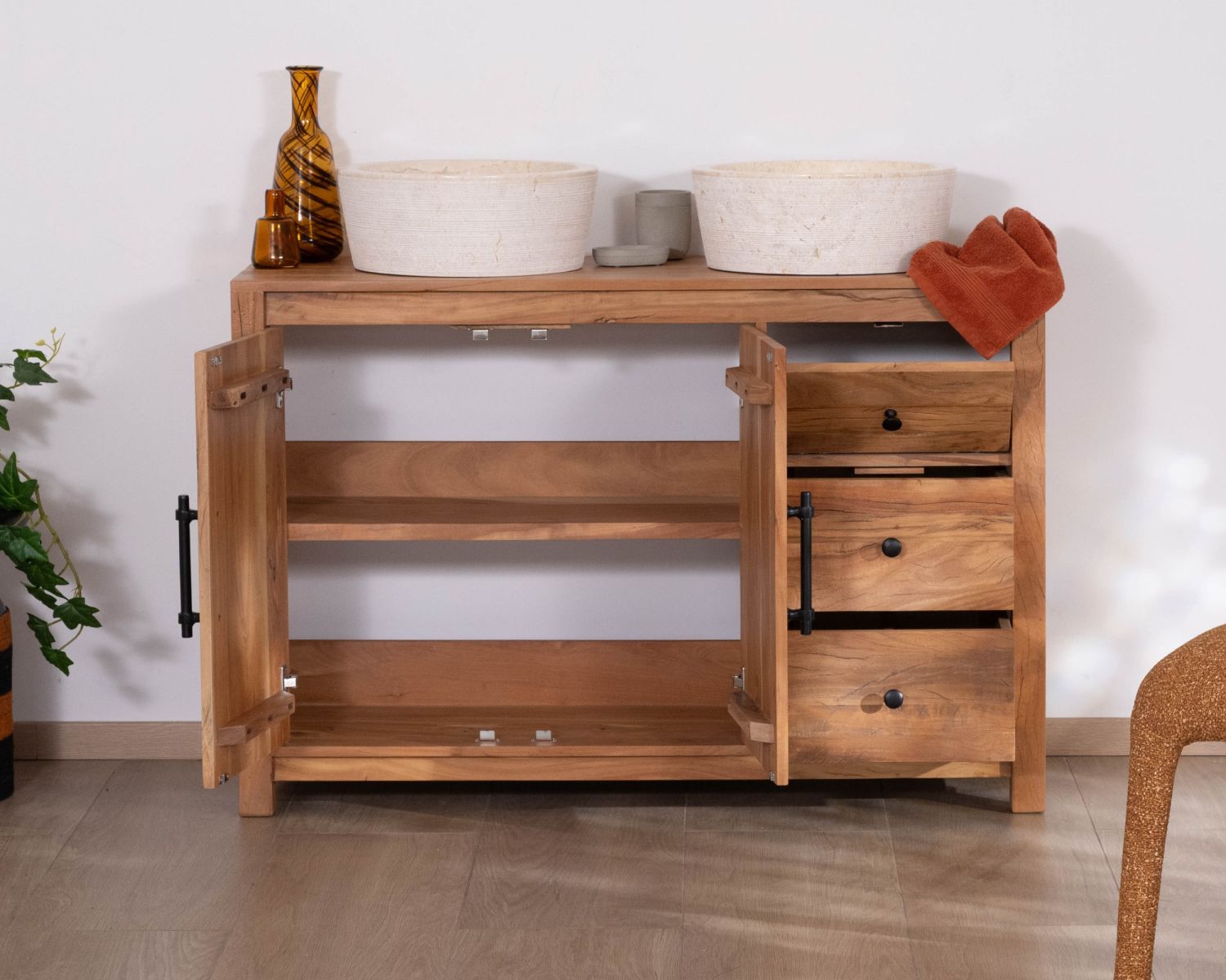 Meuble sous vasque 120 cm en bois recyclé "Mokal" esprit maison de campagne