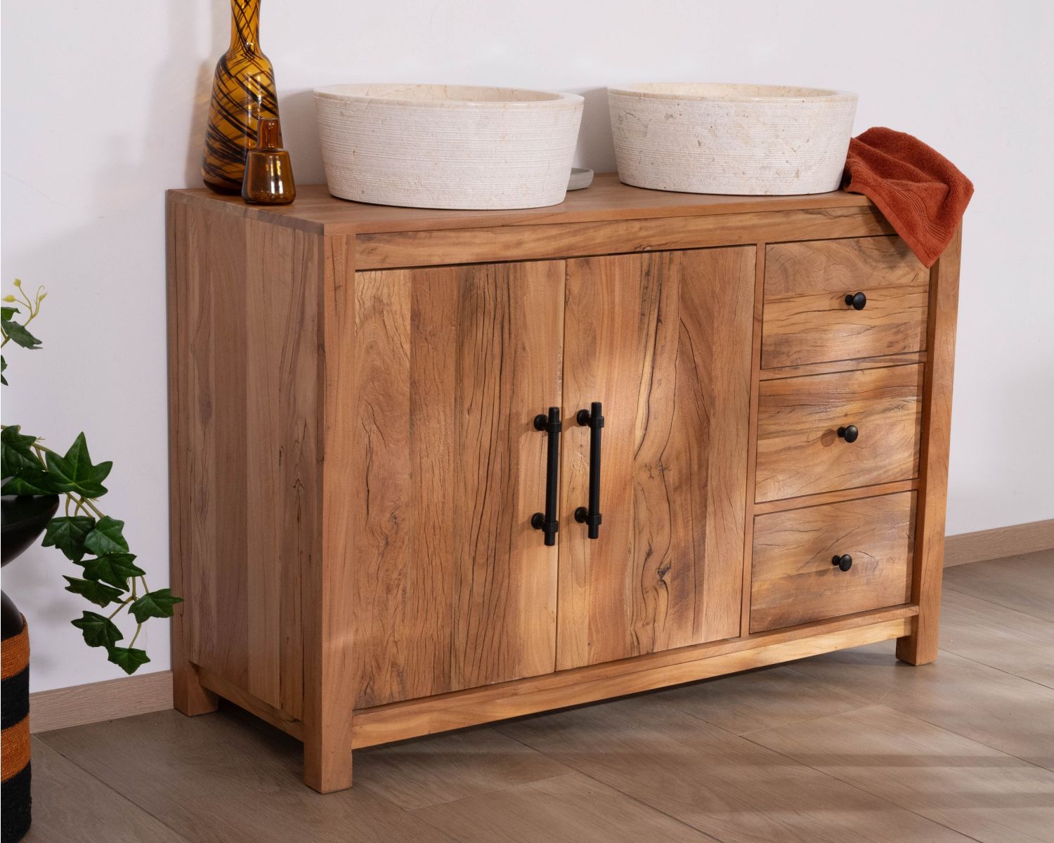 Meuble sous vasque 120 cm en bois recyclé "Mokal" esprit maison de campagne