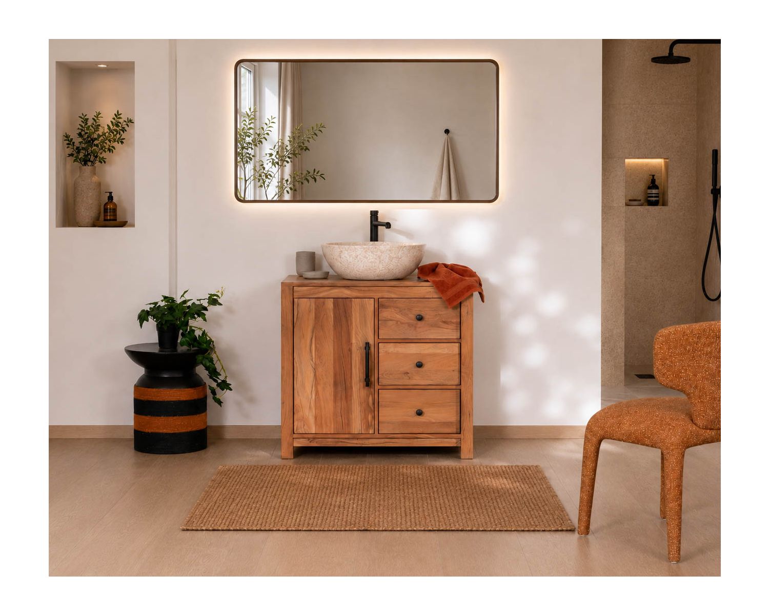 Meuble sous vasque 80 cm en bois recyclé "Mokal" esprit maison de campagne