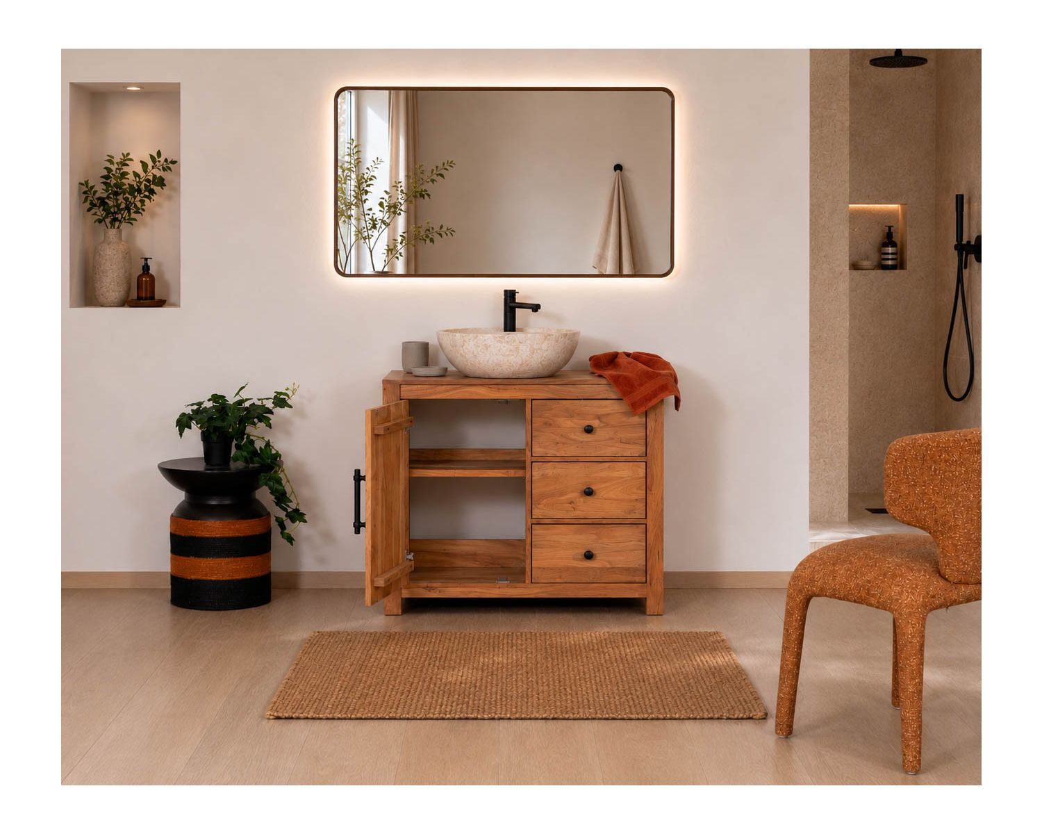Meuble sous vasque 80 cm en bois recyclé "Mokal" esprit maison de campagne