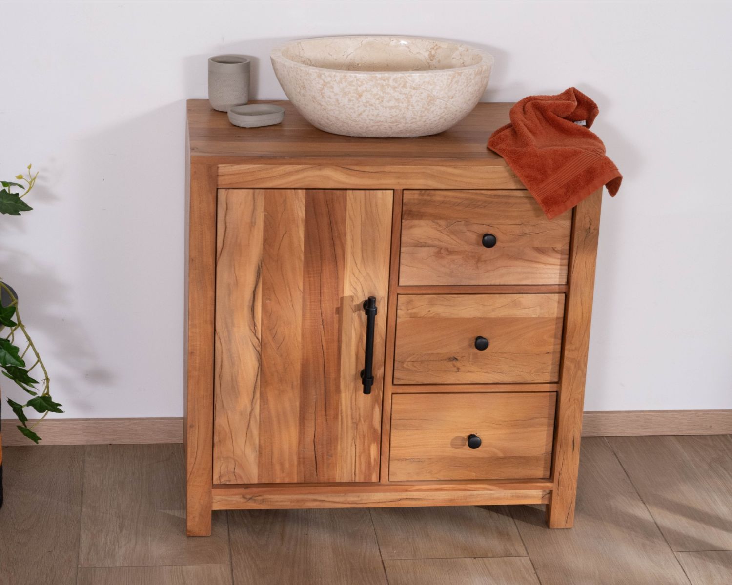 Meuble sous vasque 80 cm en bois recyclé "Mokal" esprit maison de campagne