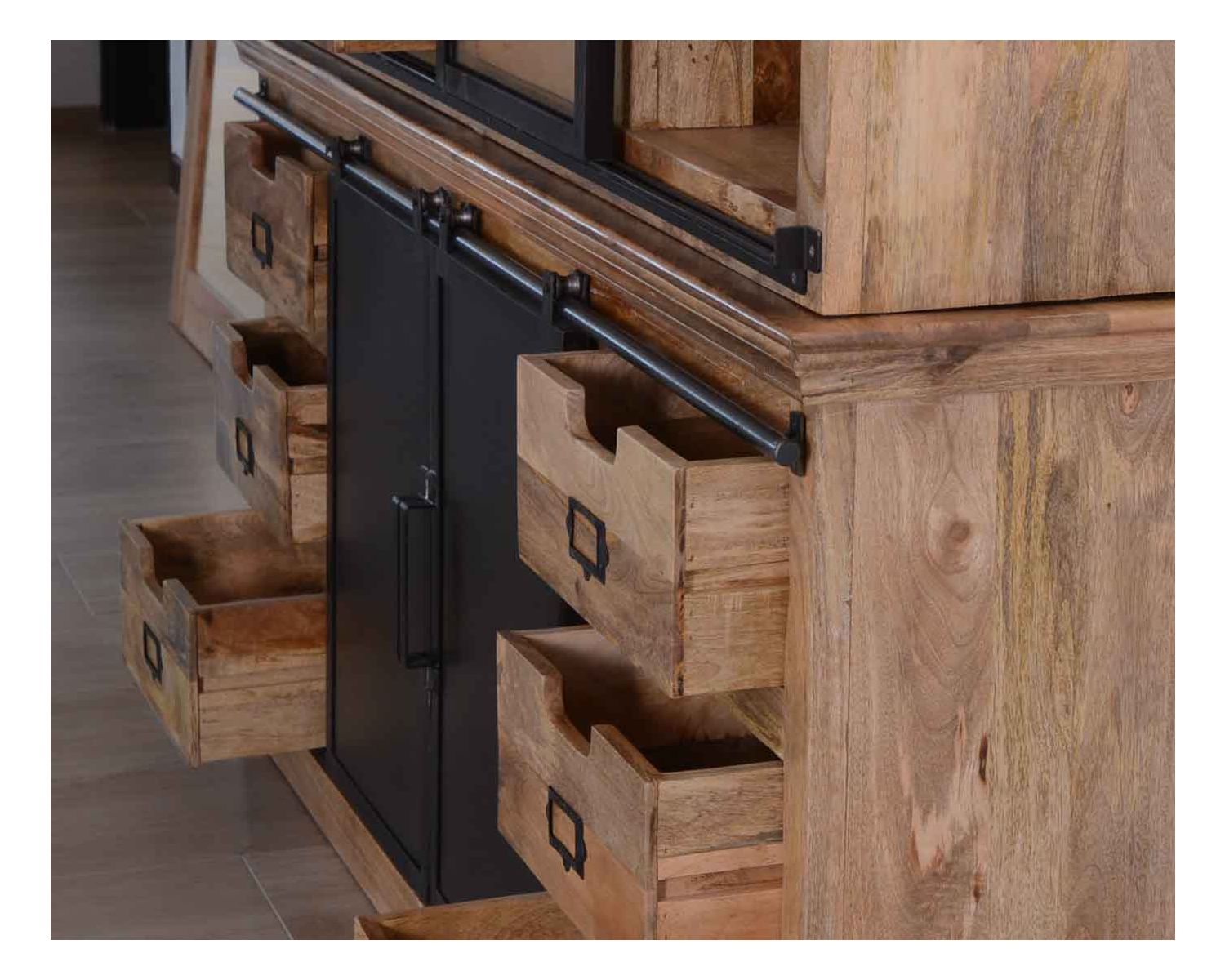 Buffet haut style atelier portes coulissantes métal bois massif "Haden"