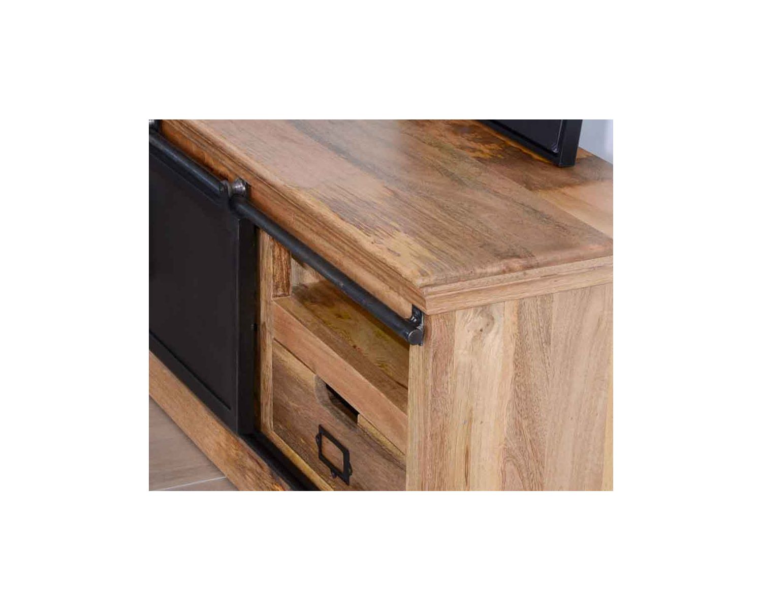 Grand meuble TV bas 180cm bois naturel massif et métal gris "Haden"