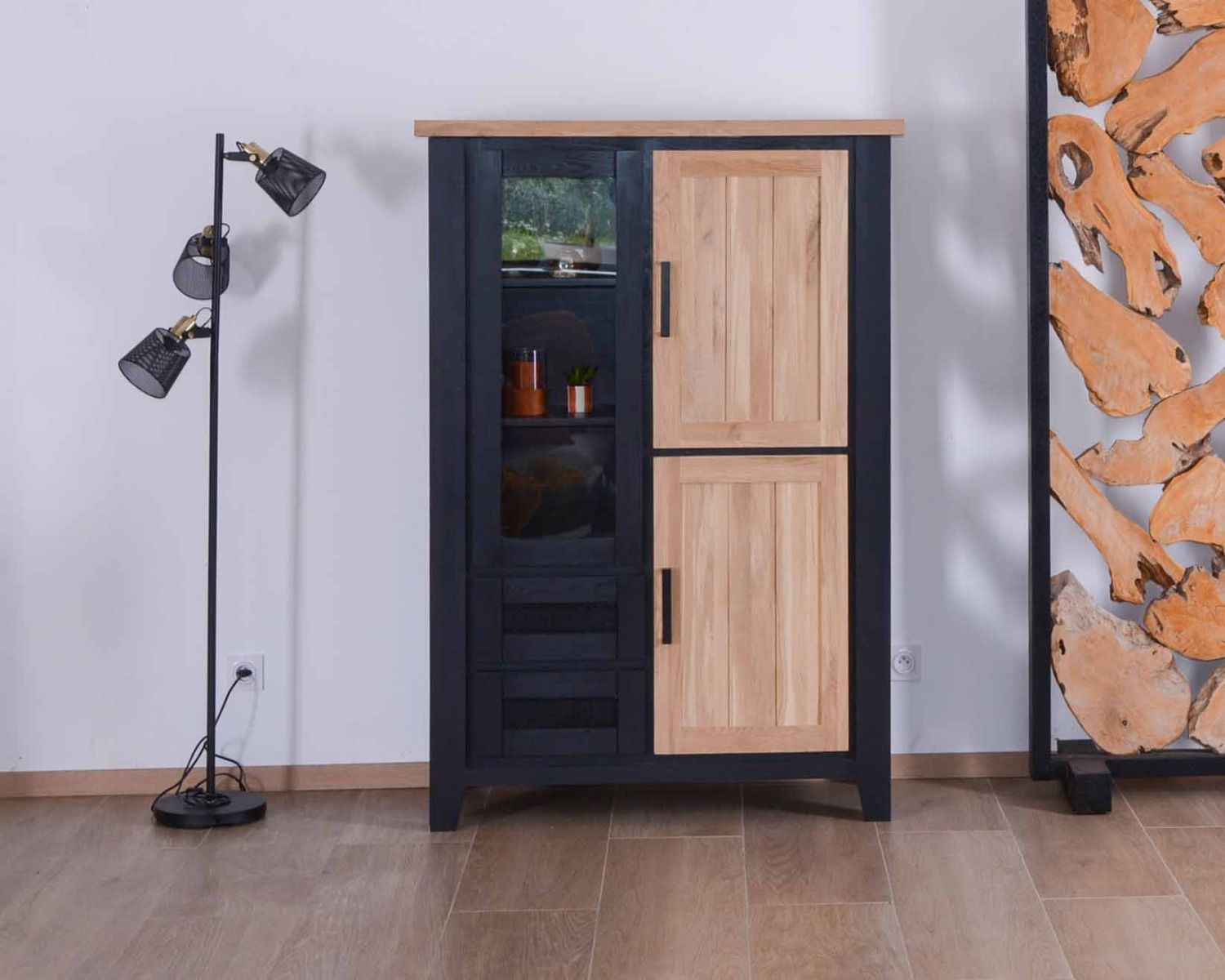 Buffet haut noir et naturel style loft bois et métal « Ashland »