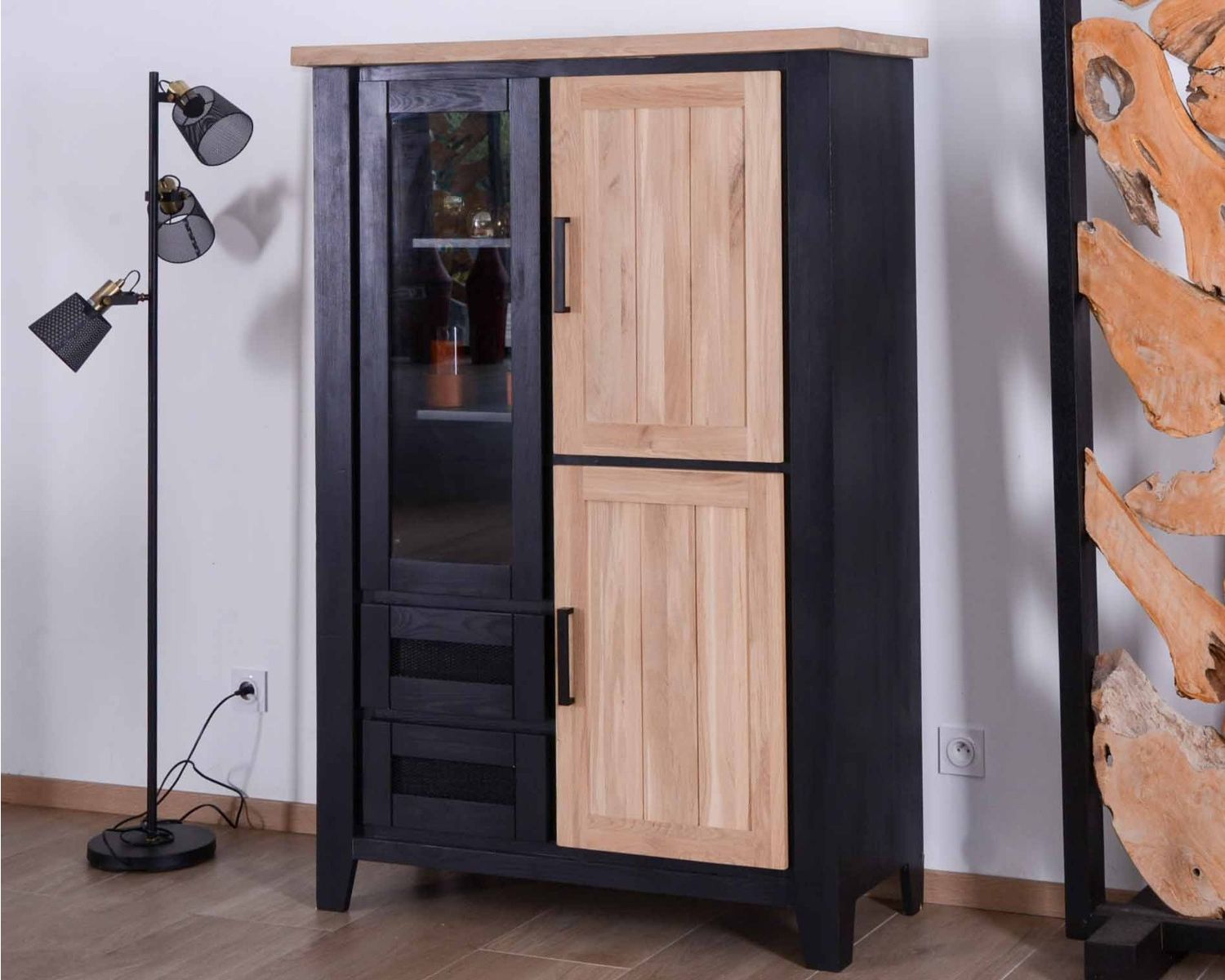 Buffet haut noir et naturel style loft bois et métal « Ashland »