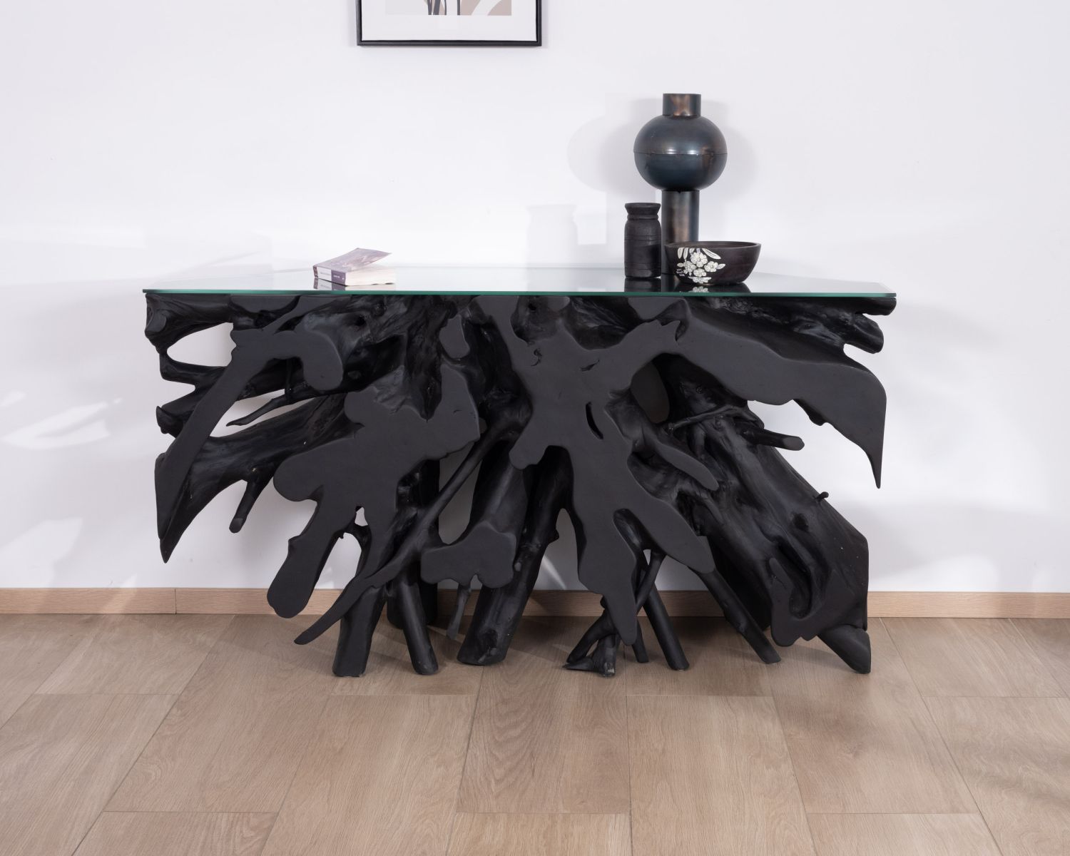 Console 150 cm en racine de teck teintée noir avec plateau verre "Jungle"
