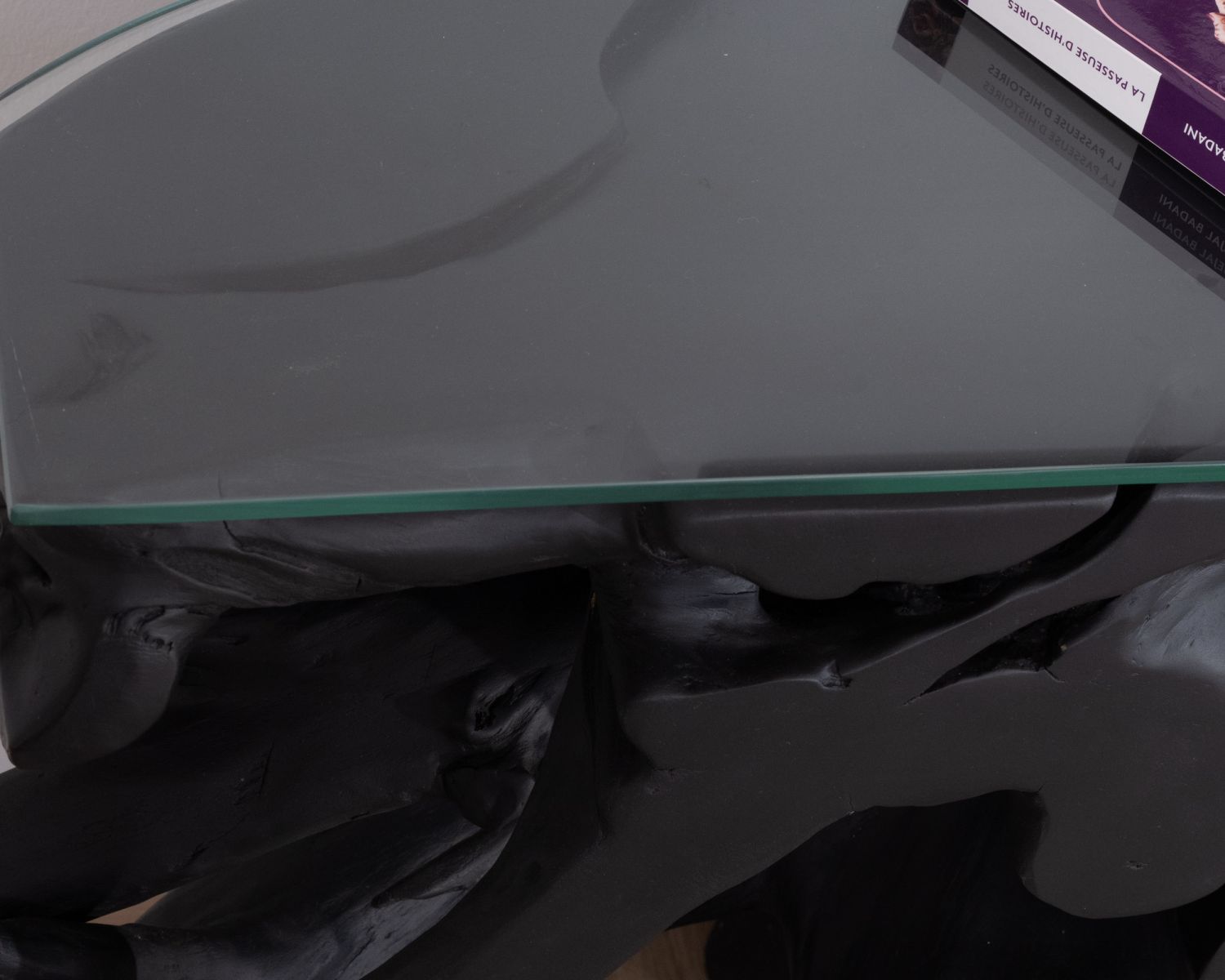 Console 150 cm en racine de teck teintée noir avec plateau verre "Jungle"