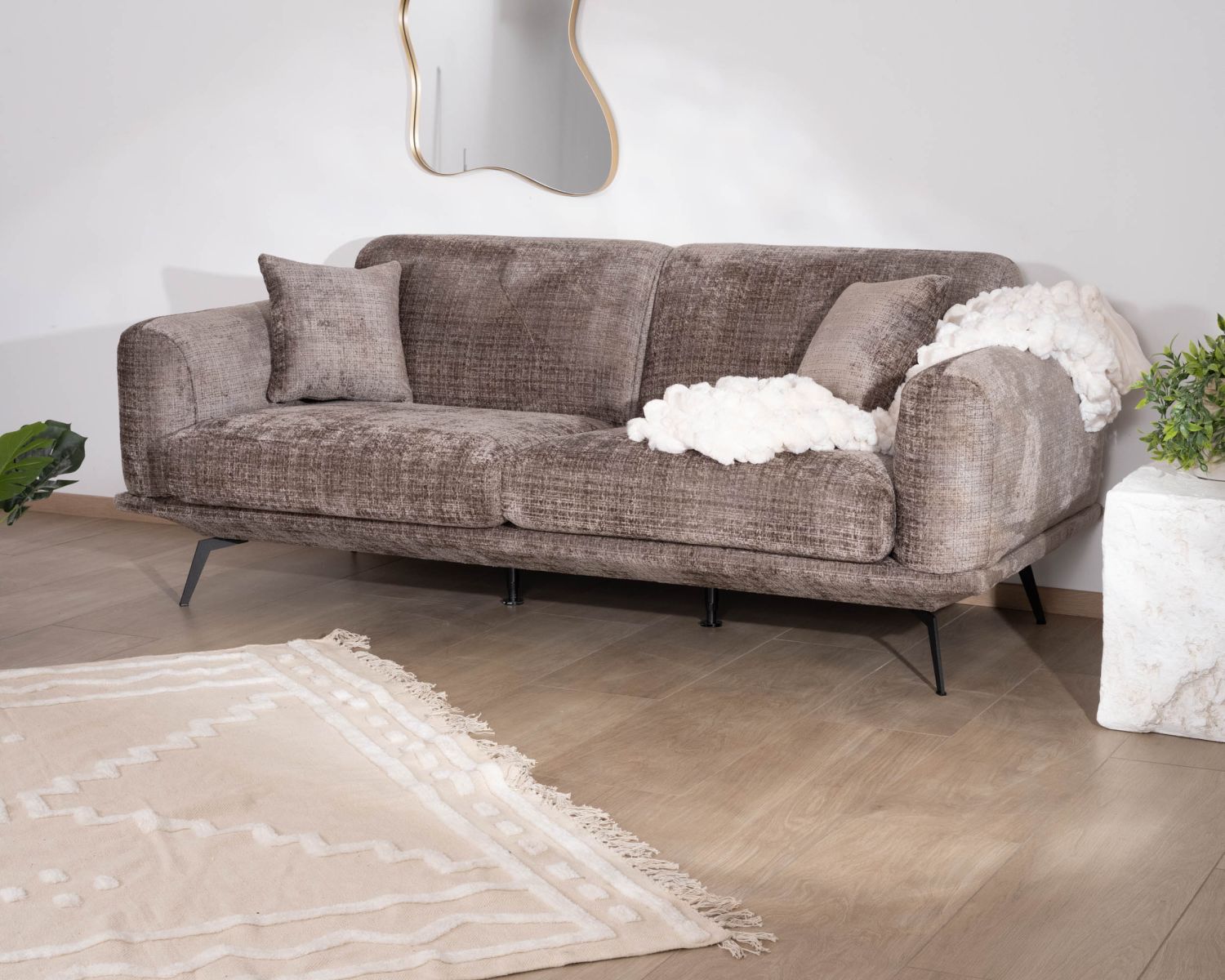 Canapé 3 places esprit rétro en tissu chenillé doux gris cendré "Paloma"