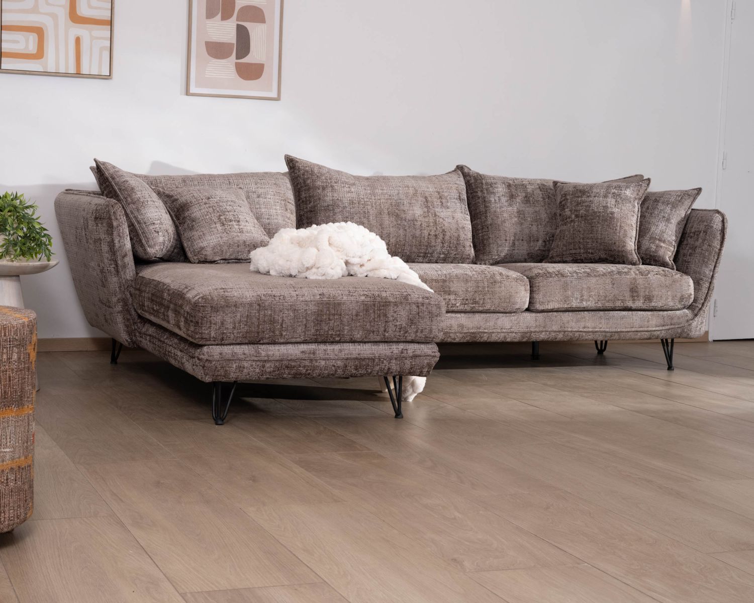 Canapé angle gauche ultra confort en tissu chenillé doux gris cendre "Hasting"