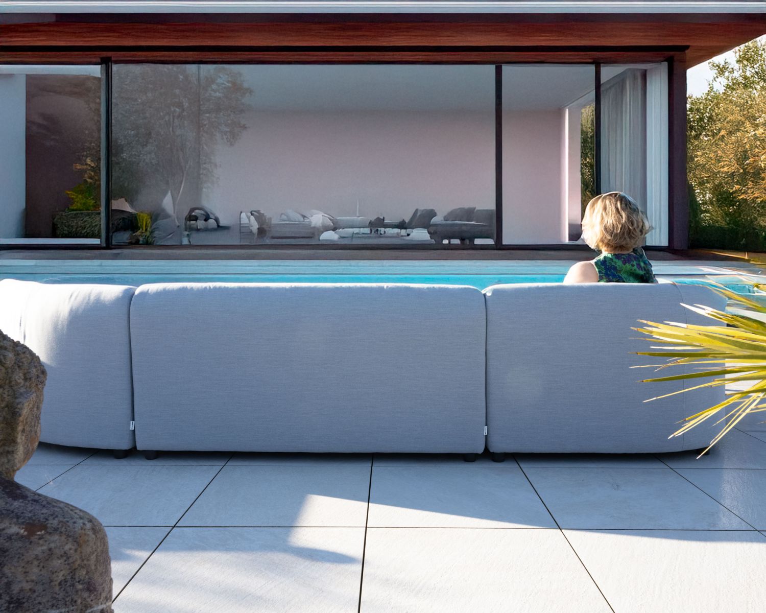 Canapé panoramique modulaire spécial extérieur en tissu gris clair "Kacang"