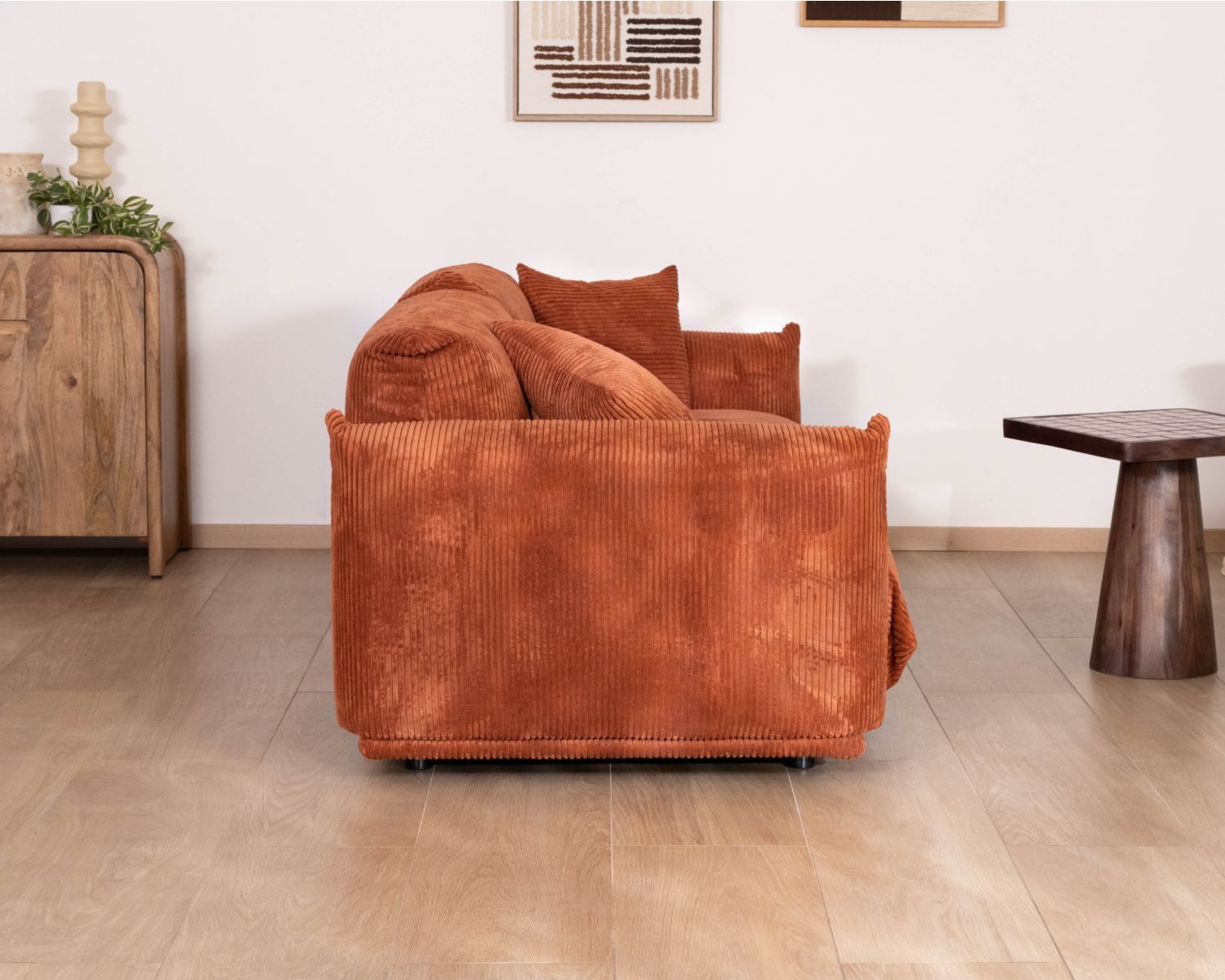 Canapé 3 places en velours côtelé terracotta "Moon" style rétro