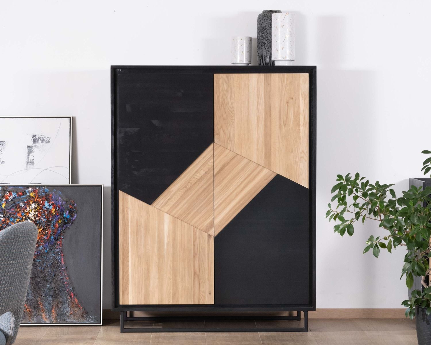 Armoire 2 portes en bois massif finition noire et huilée blanchie "Trace"