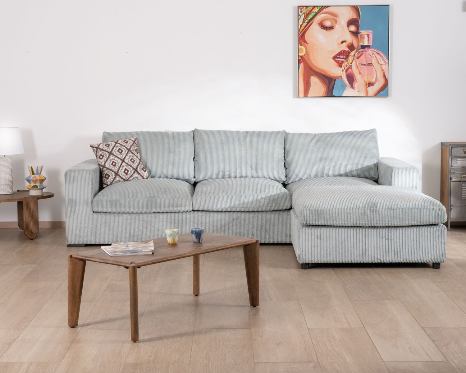 Grand canapé moelleux avec pouf modulaire "Tuléar" en velours côtelé bleu grisé