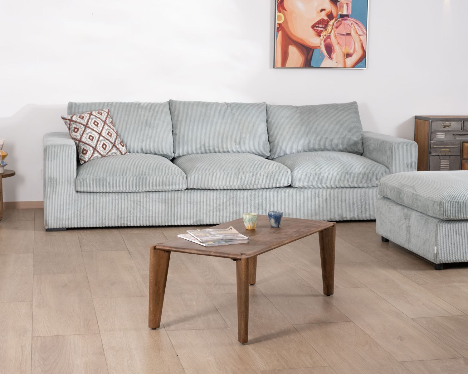 Grand canapé moelleux avec pouf modulaire "Tuléar" en velours côtelé bleu grisé