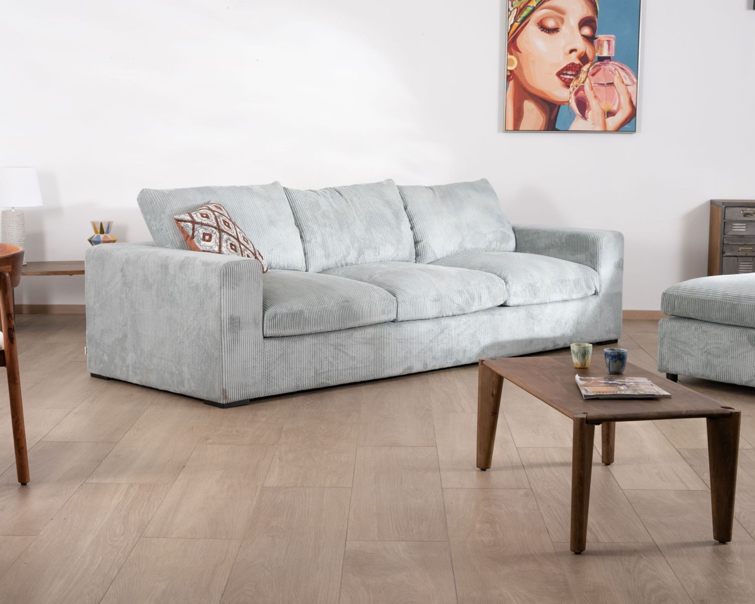 Grand canapé moelleux avec pouf modulaire "Tuléar" en velours côtelé bleu grisé