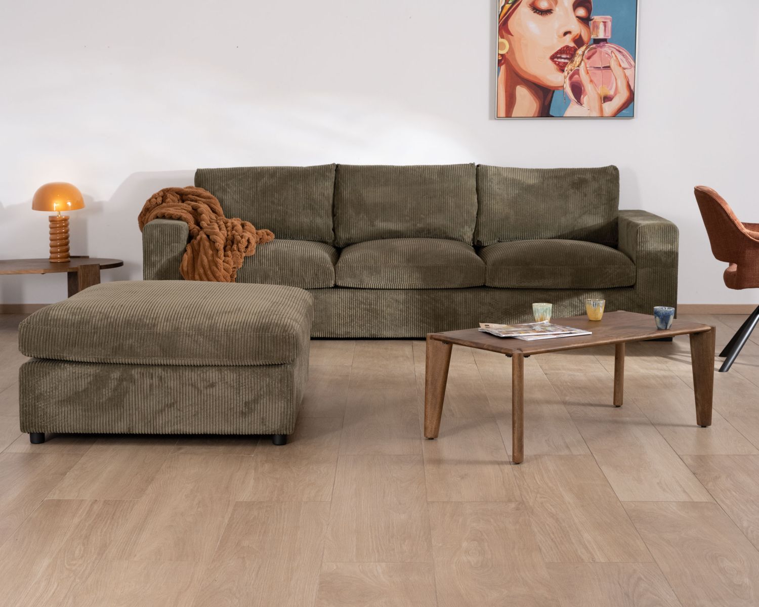 Grand canapé confort en velours côtelé kaki avec ottoman carré modulaire "Tuléar"