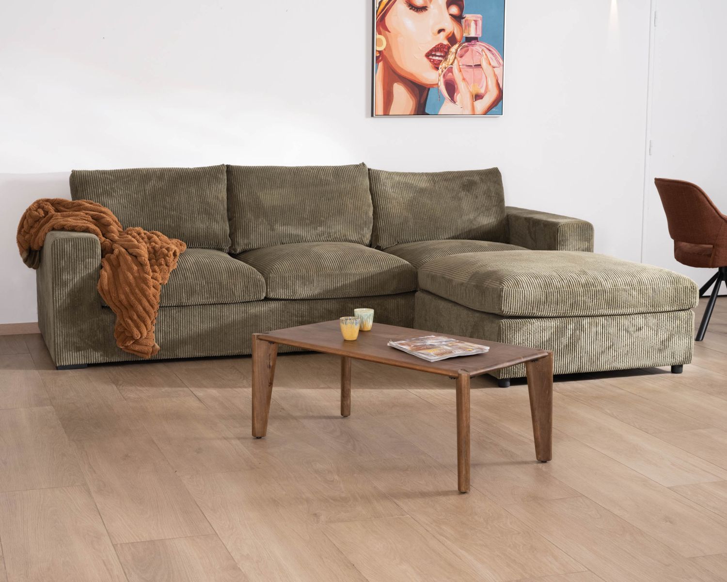 Grand canapé confort en velours côtelé kaki avec ottoman carré modulaire "Tuléar"