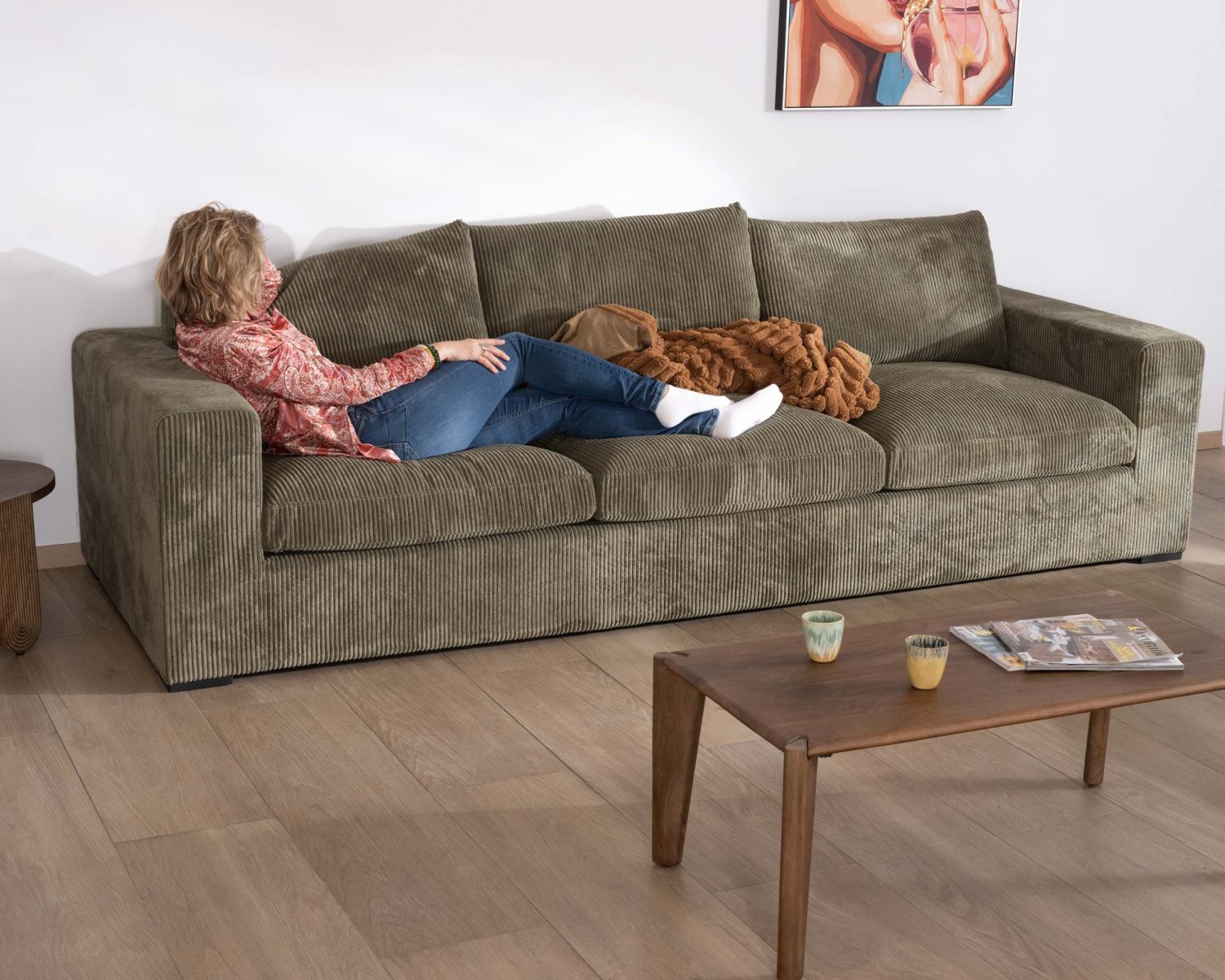 Grand canapé confort en velours côtelé kaki avec ottoman carré modulaire "Tuléar"