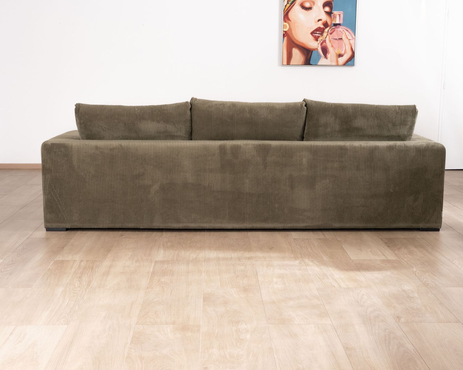 Grand canapé confort en velours côtelé kaki avec ottoman carré modulaire "Tuléar"