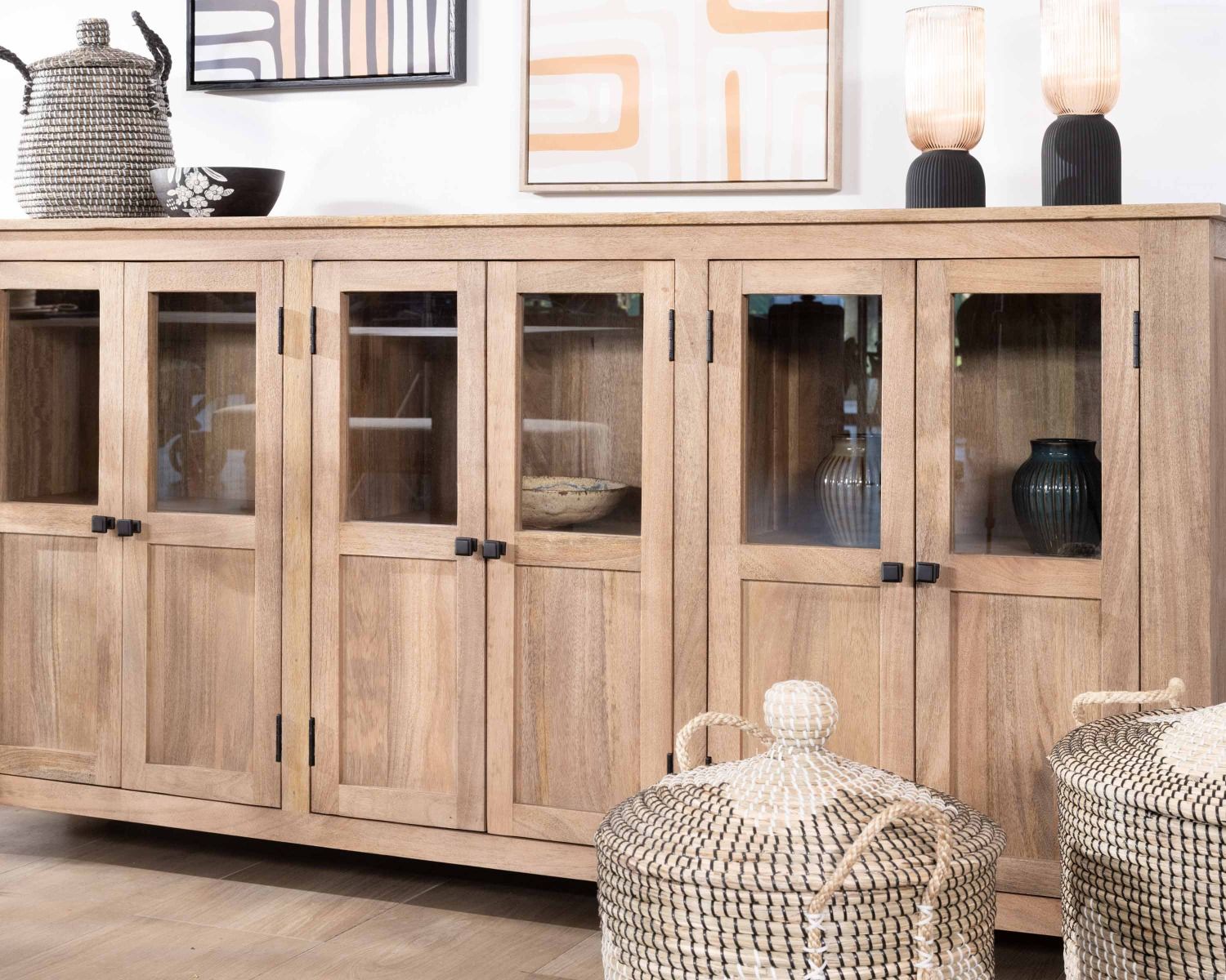 Enfilade vitrée 6 portes en manguier massif 190cm "Maestro"