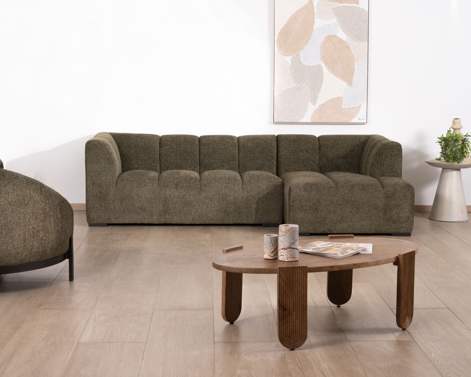 Canapé avec méridienne en tissu bouclette vert "Enjoy Home"