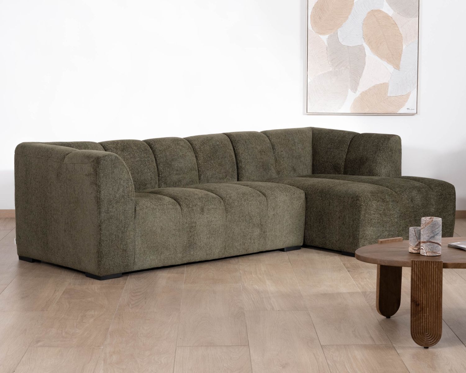 Canapé avec méridienne en tissu bouclette vert "Enjoy Home"