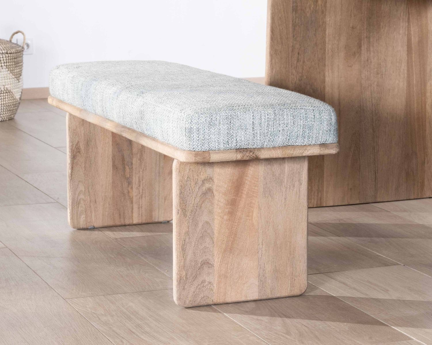 Banc élégant et confortable 120cm en manguier et assise rembourrée tissu gris chiné "Maestro"
