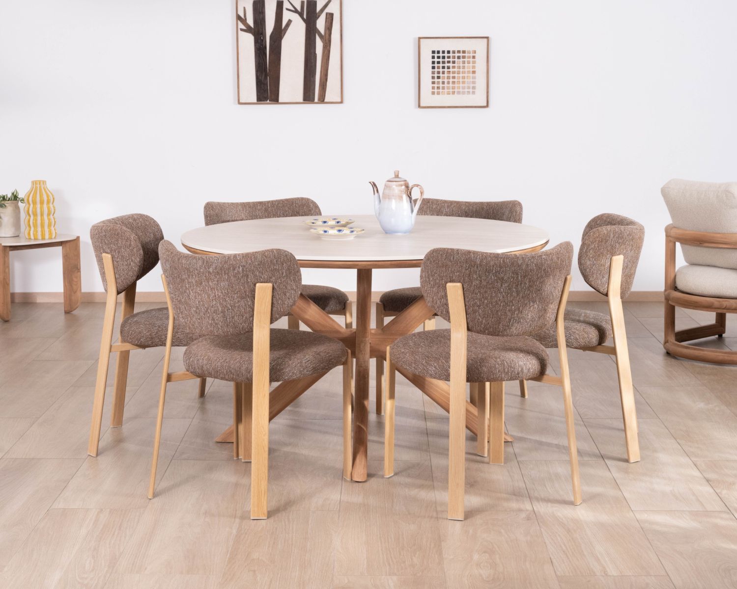 Table ronde intérieur ou extérieur 130 cm "Elsen" en teck massif plateau céramique effet travertin