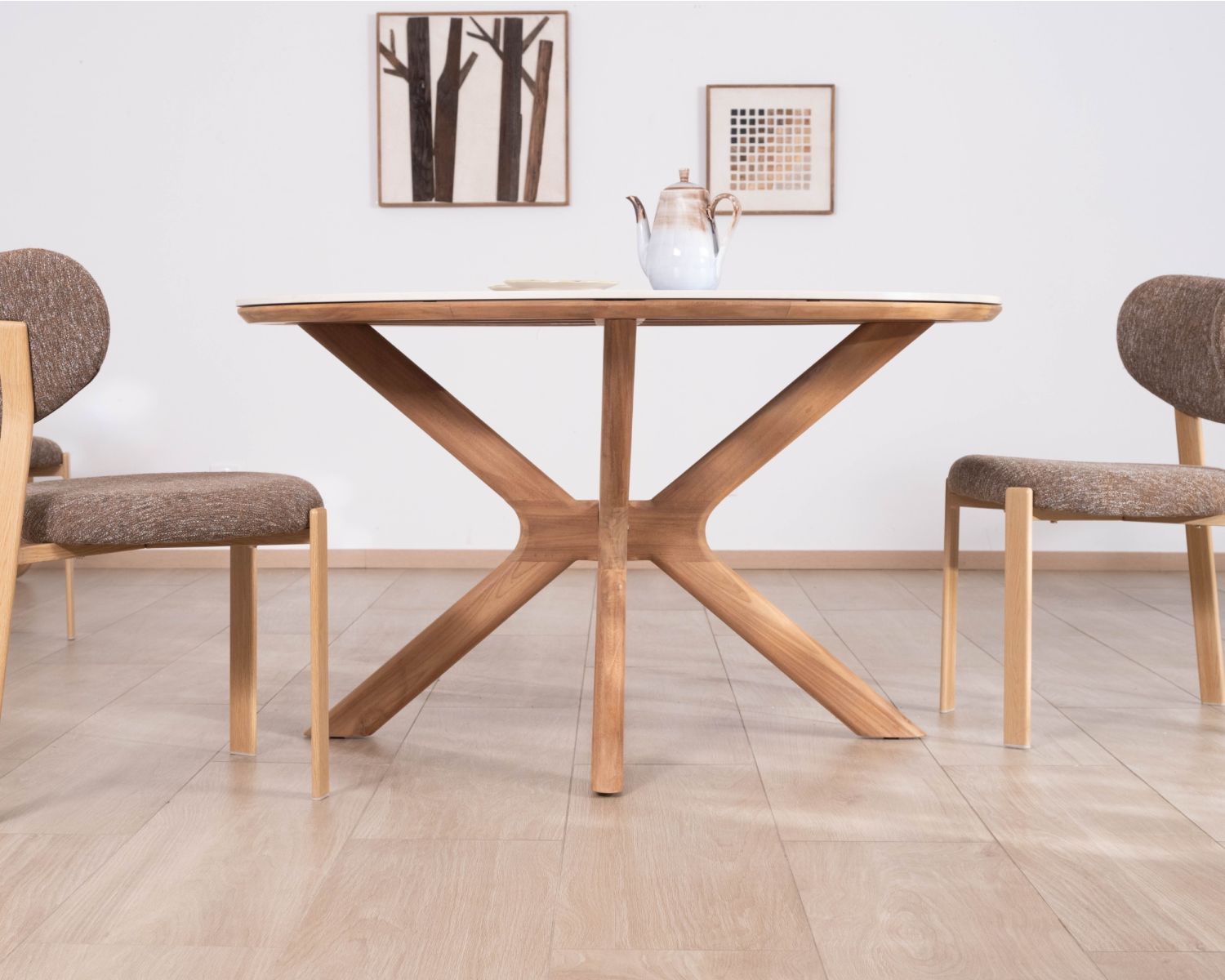 Table ronde intérieur ou extérieur 130 cm "Elsen" en teck massif plateau céramique effet travertin