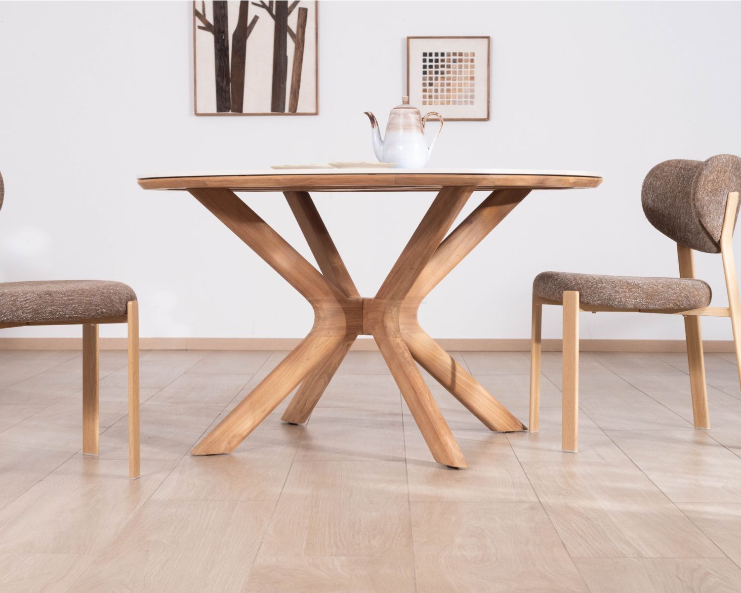 Table ronde intérieur ou extérieur 130 cm "Elsen" en teck massif plateau céramique effet travertin