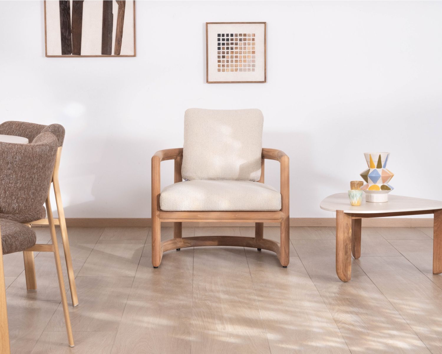 Fauteuil lounge en teck massif "Alizé" avec coussins bouclette écru – intérieur/extérieur