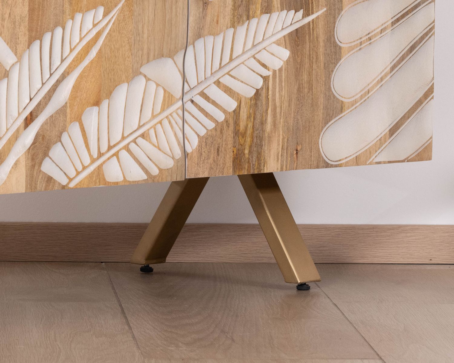Buffet en manguier décor feuilles de palmier "Pop Vintage" pieds métal doré