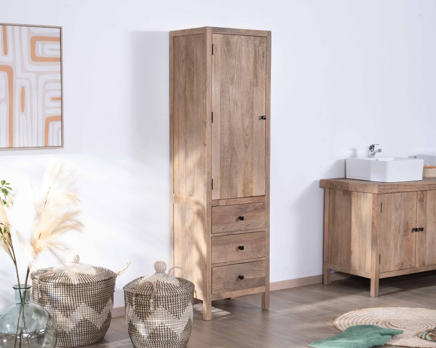 Colonne de rangement en manguier massif avec porte et tiroirs "Maestro"