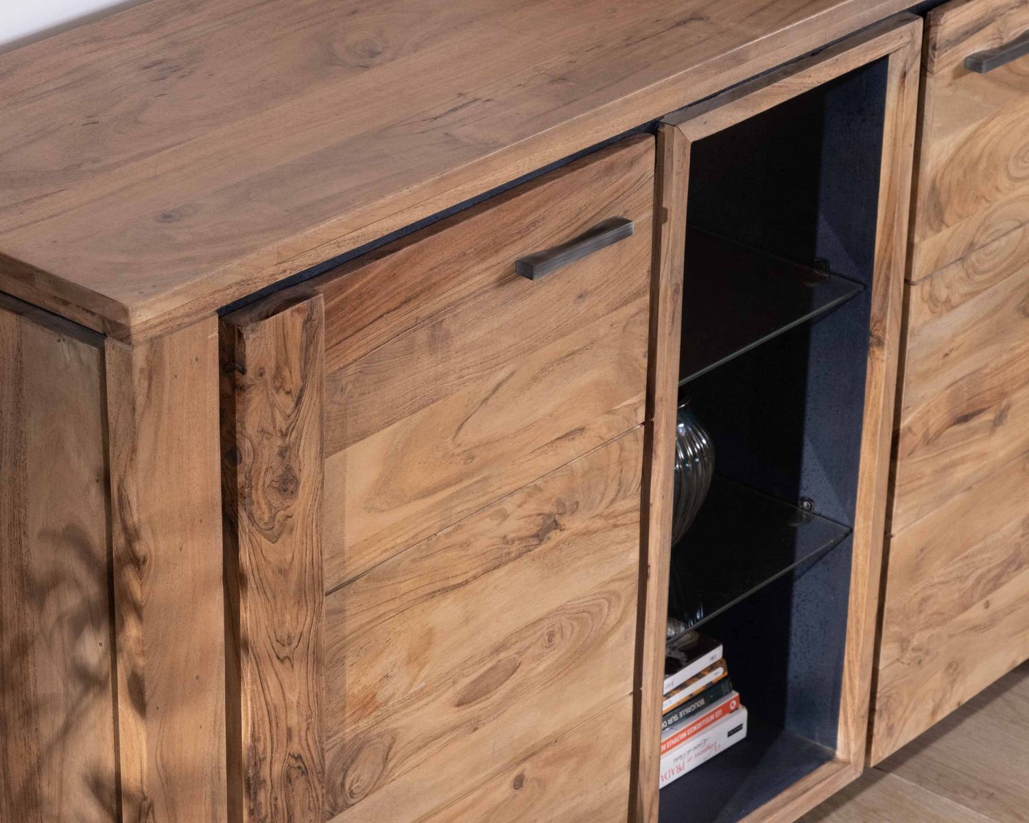 Buffet contemporain 150cm en acacia 2 portes et étagères vitrées "Fantaisie"