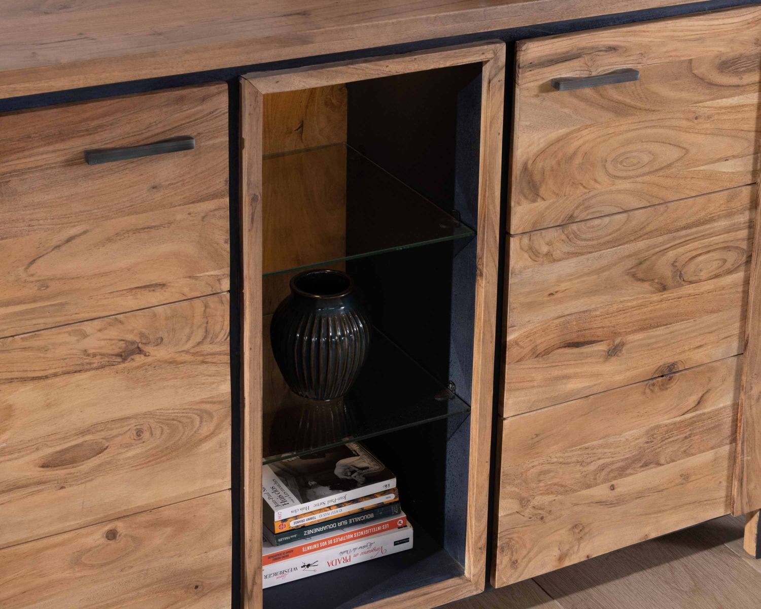 Buffet contemporain 150cm en acacia 2 portes et étagères vitrées "Fantaisie"