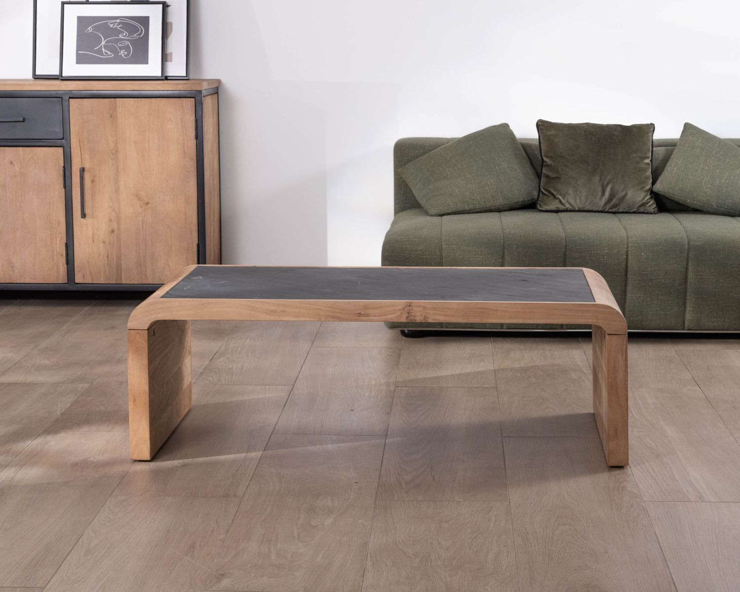 Table basse design retro avec plateau placage pierre "Pikto"