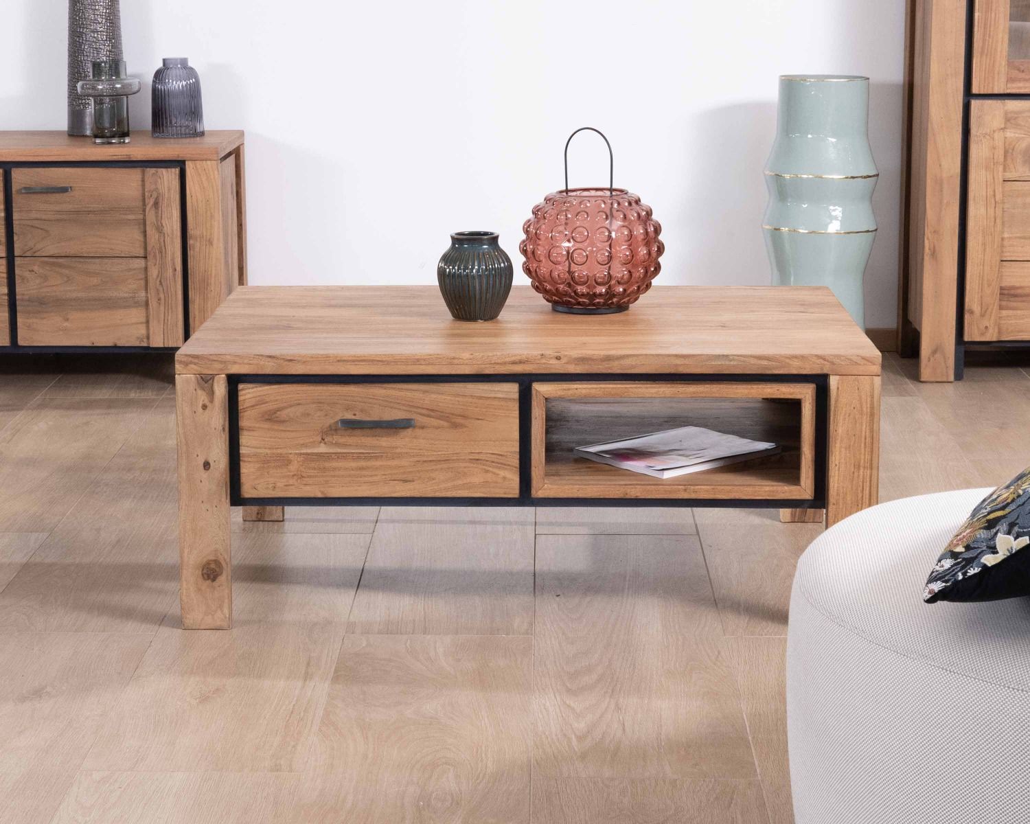 Table de salon rectangulaire recto-verso acacia massif avec tiroirs et contour noirs "Fantaisie" 110cm