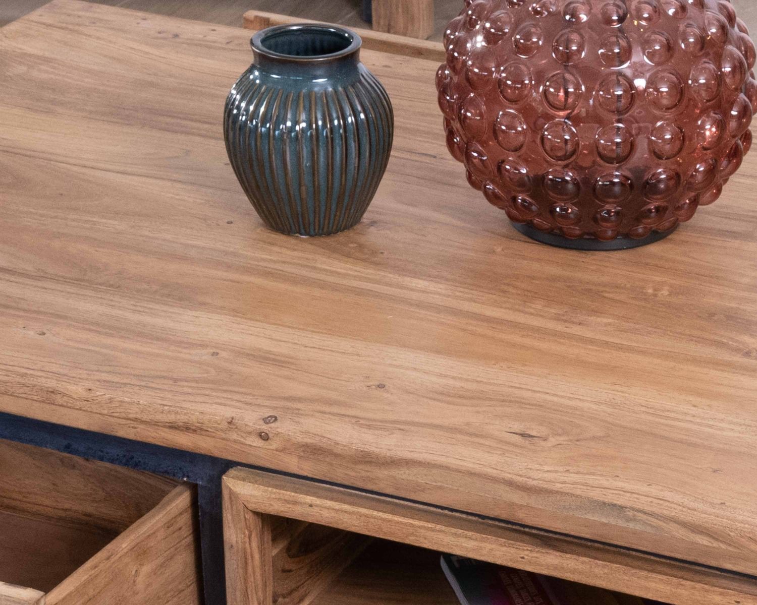 Table de salon rectangulaire recto-verso acacia massif avec tiroirs et contour noirs "Fantaisie" 110cm