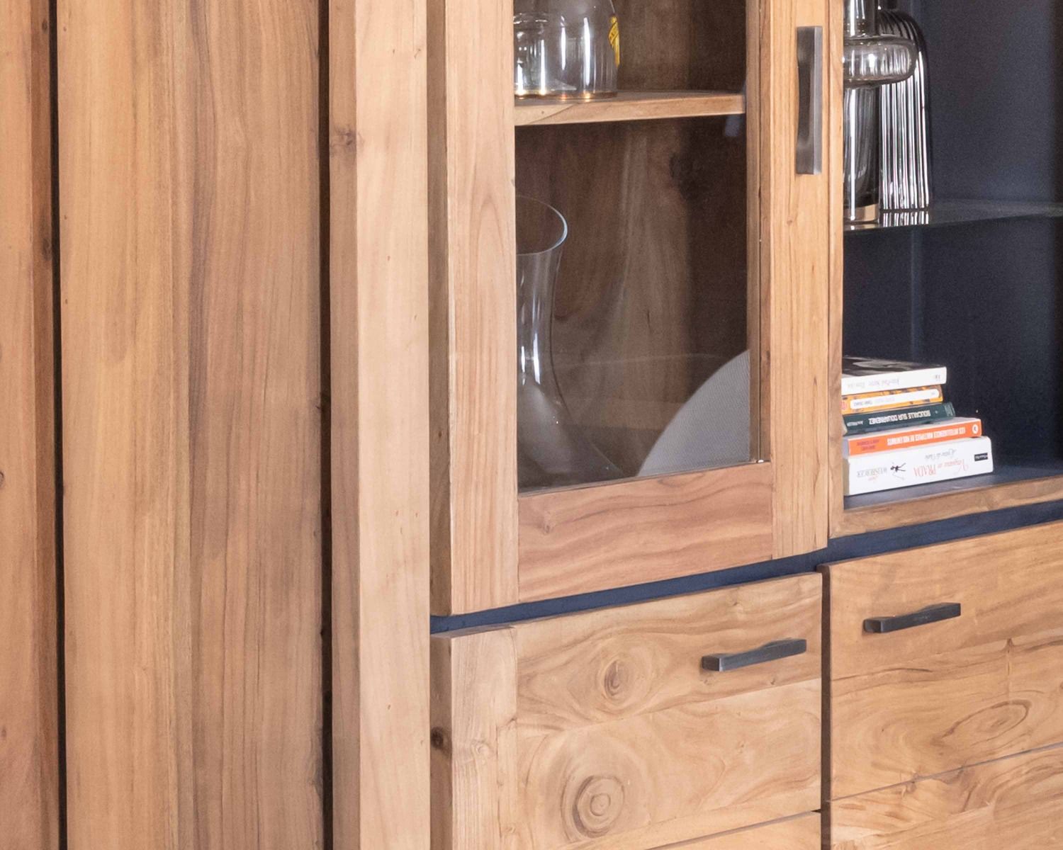 Vaisselier contemporain acacia massif relief noir 3 portes et niche avec étagères verres "Fantaisie"