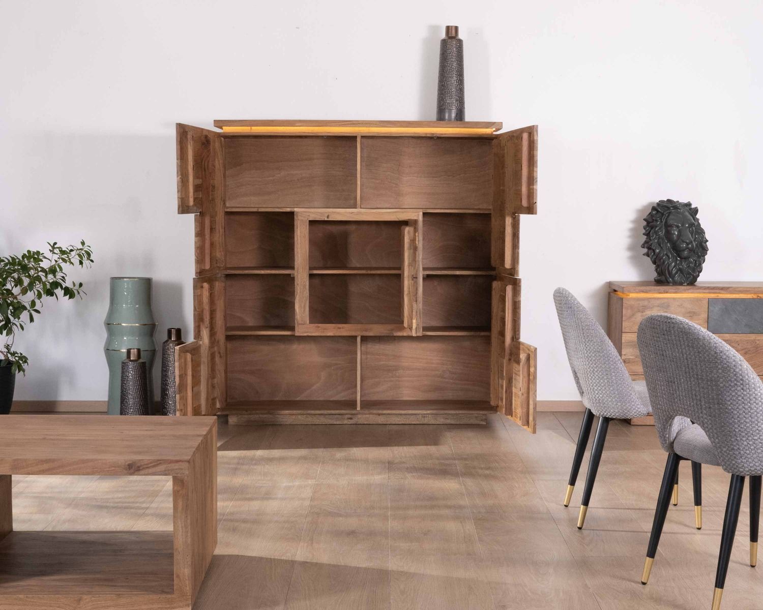 Buffet haut avec éclairage LED en acacia massif et placage pierre "Paguera"