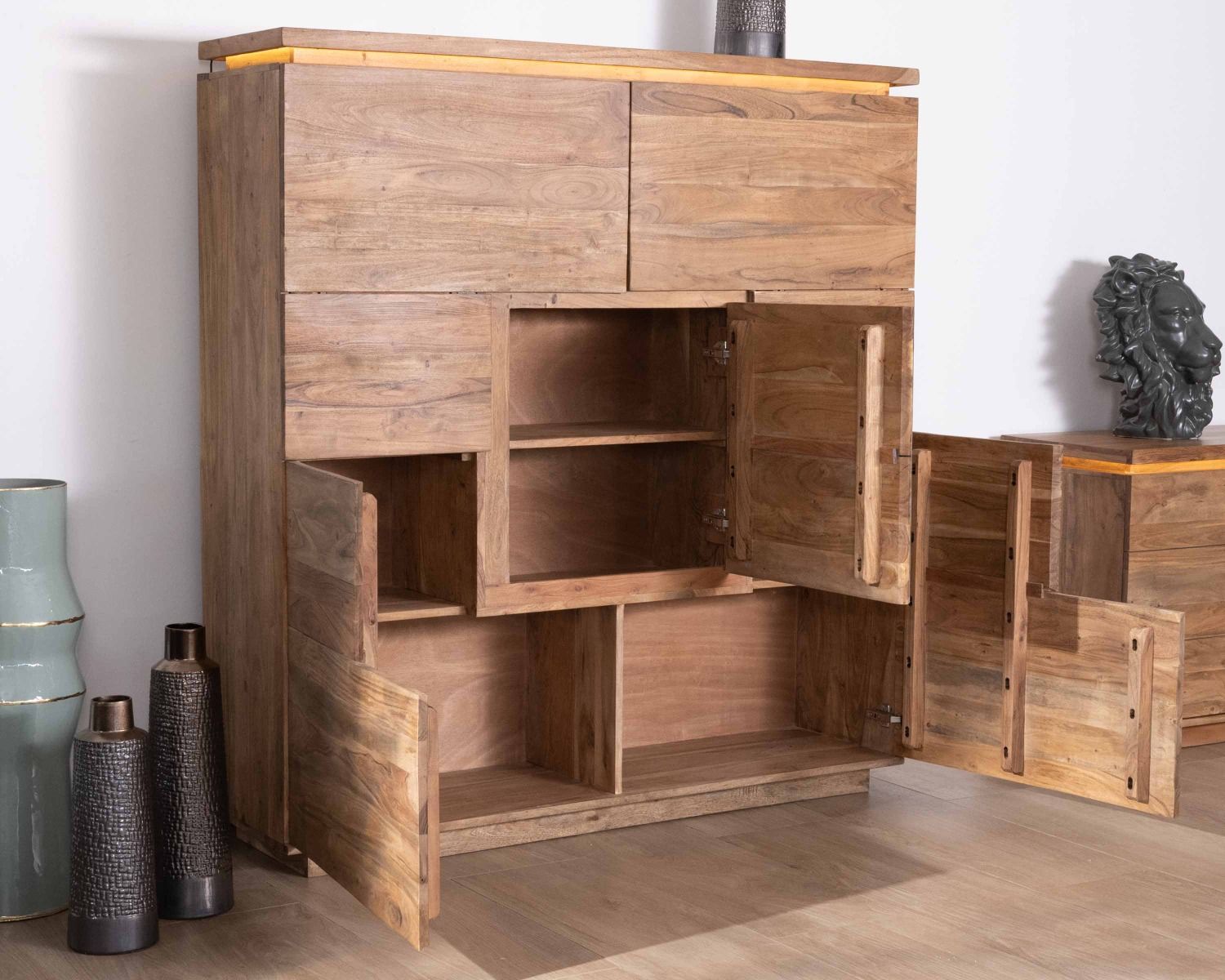 Buffet haut avec éclairage LED en acacia massif et placage pierre "Paguera"