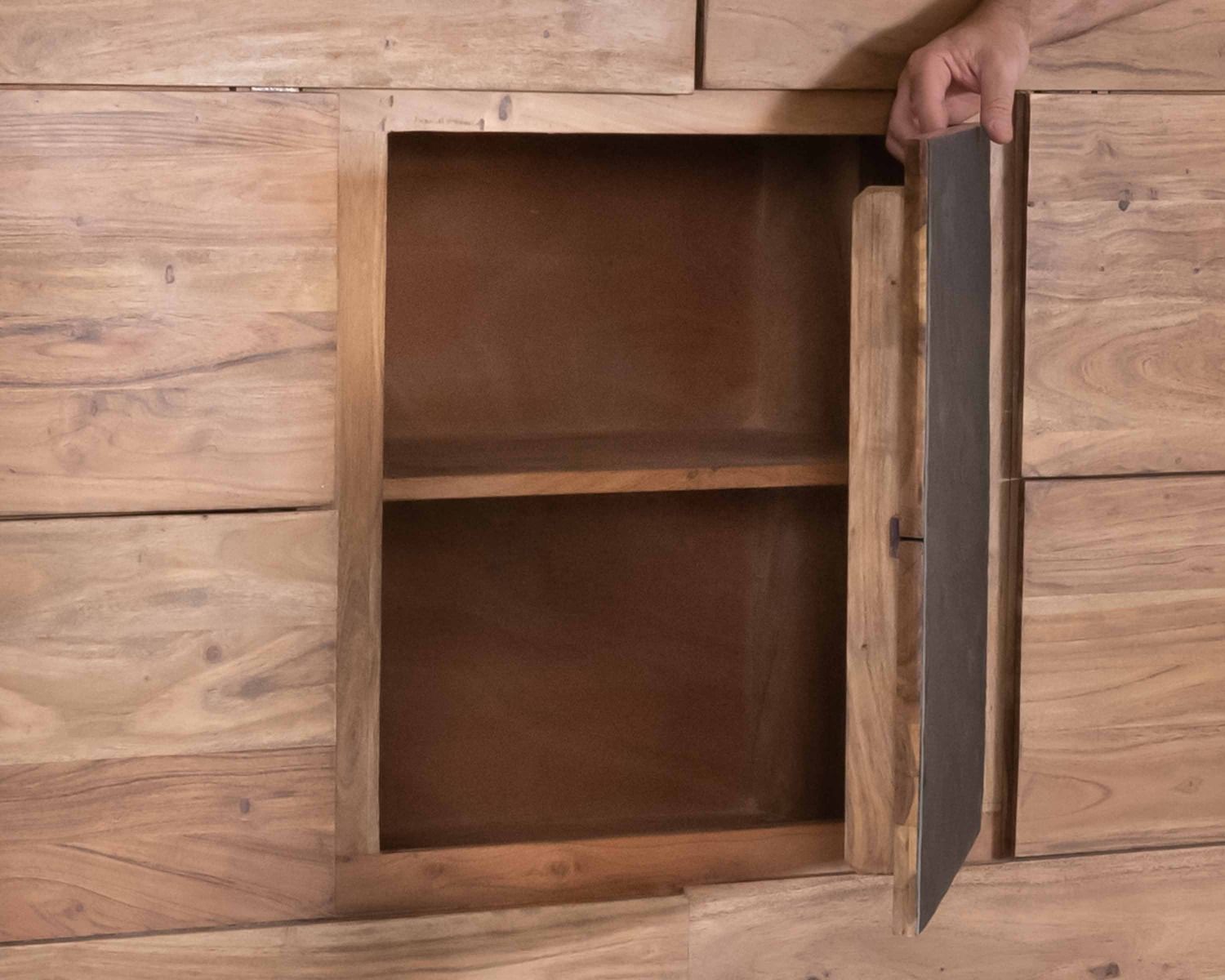 Buffet haut avec éclairage LED en acacia massif et placage pierre "Paguera"