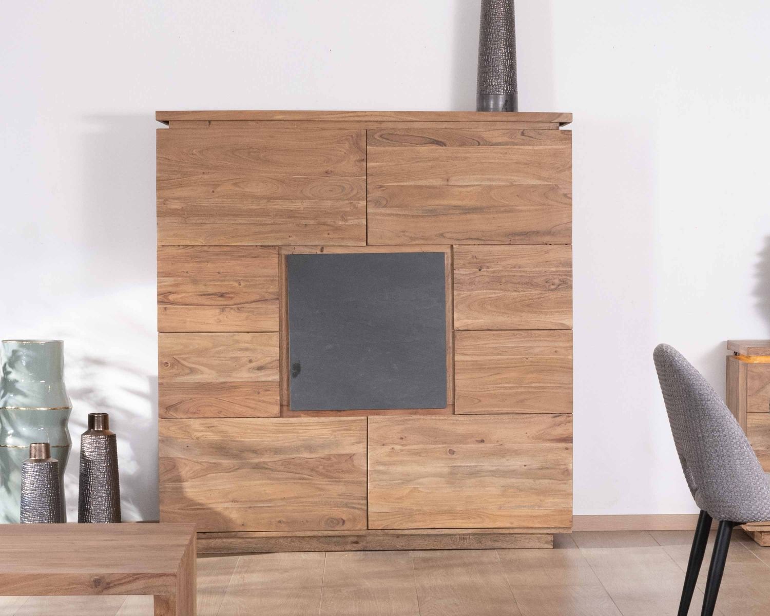 Buffet haut avec éclairage LED en acacia massif et placage pierre "Paguera"