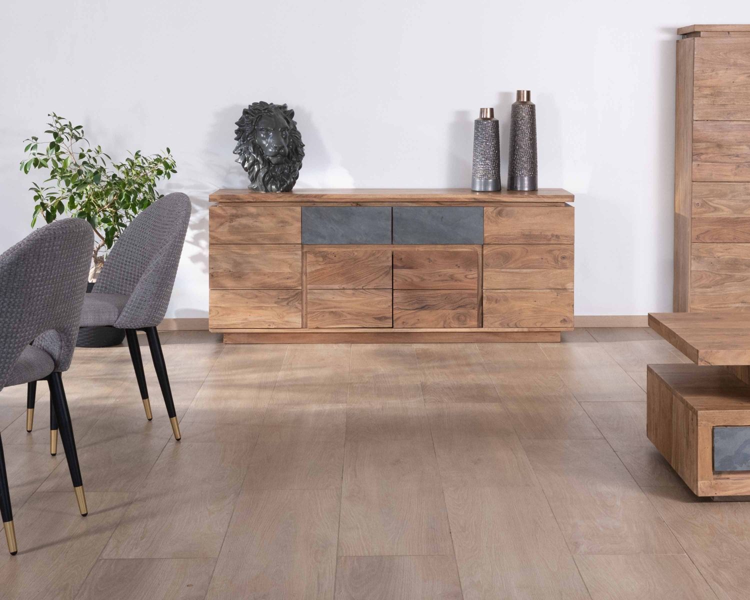 Bahut contemporain 175cm en acacia avec bandeau LED et tiroirs placage pierre "Paguera"