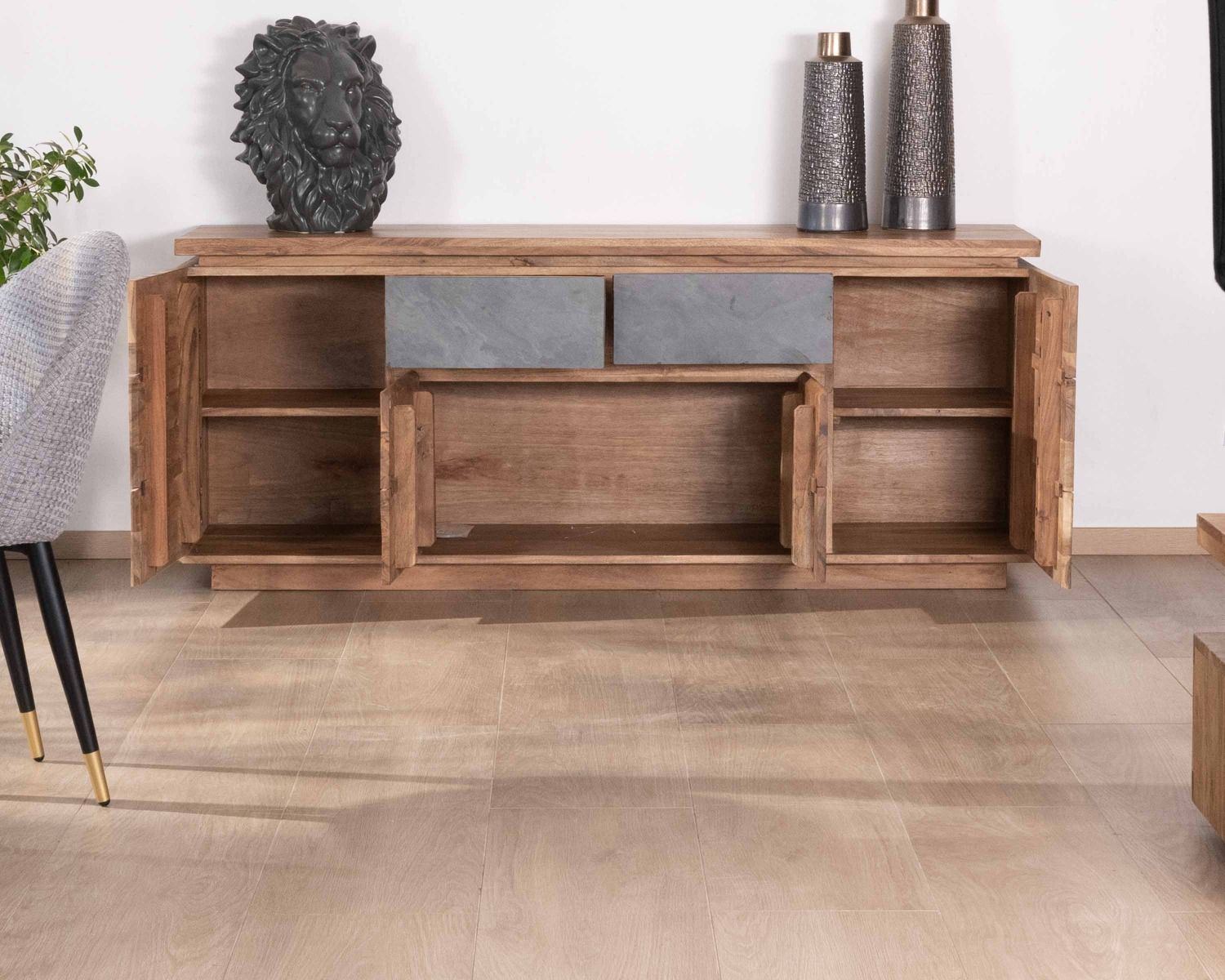 Bahut contemporain 175cm en acacia avec bandeau LED et tiroirs placage pierre "Paguera"