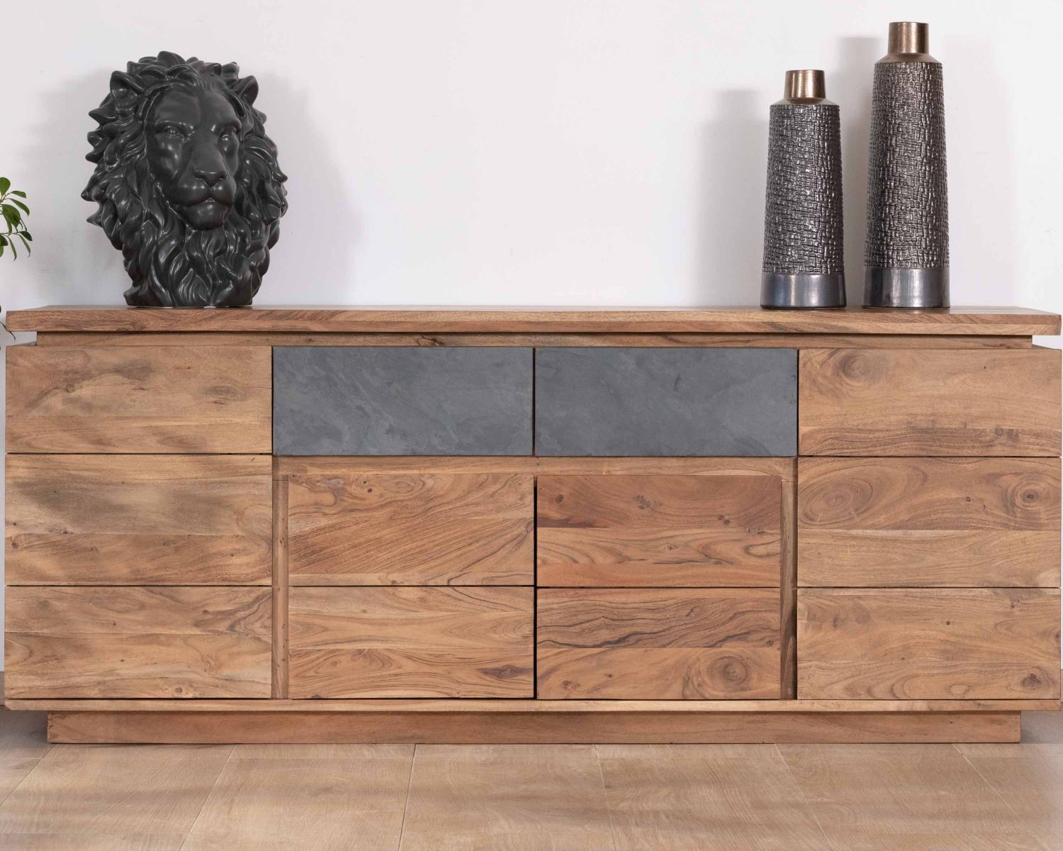 Bahut contemporain 175cm en acacia avec bandeau LED et tiroirs placage pierre "Paguera"