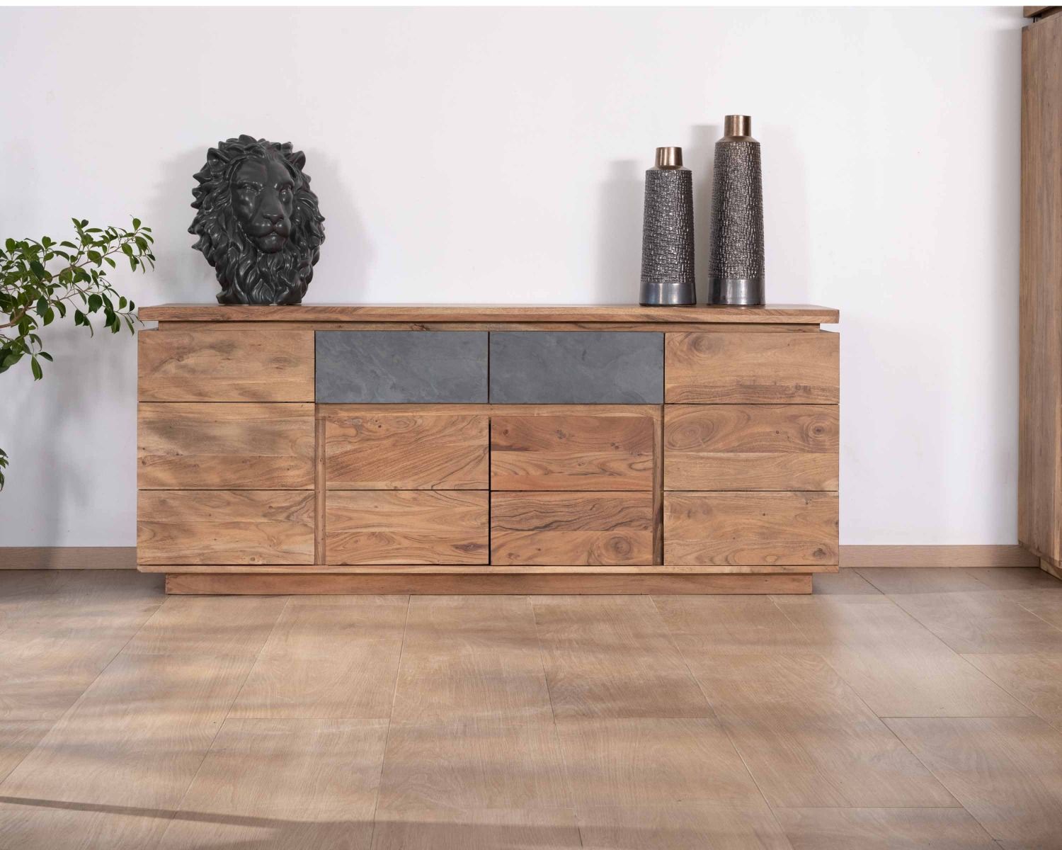 Bahut contemporain 175cm en acacia avec bandeau LED et tiroirs placage pierre "Paguera"